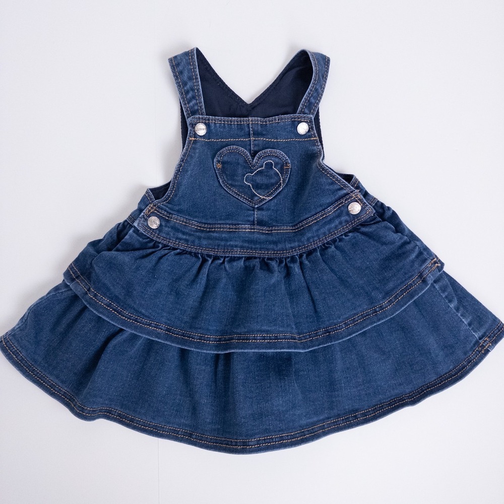 Mayoral Embroidered Heart Teddy Bear Denim Overall Dress Casual Blue‎ Baby 12m